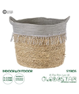 GloboStar® Artificial Garden SYROS 20283 Διακοσμητικό Πλεκτό Καλάθι - Κασπώ Γλάστρα - Flower Pot Μπεζ με Γκρι Φ28cm x Υ24cm